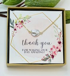 thank you for making our day amazing necklace in a gift box with pink flowers and greenery