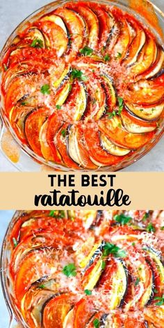 an easy ratatoulie recipe with tomatoes and zucchini in a casserole dish