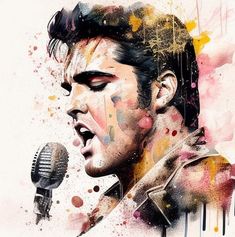 a painting of elvis presley holding a microphone in his right hand and singing into the microphone