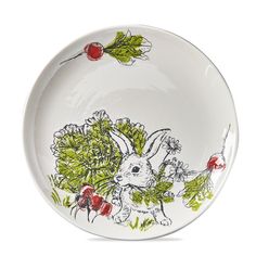 a white plate with an image of a rabbit on it