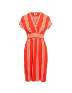 Anne Klein Bilbao Stripe V-Neck Short Sleeve Dress Poppy/Anne White Casual Red V-neck Midi Dress, Orange Lined V-neck Dress, Red A-line V-neck Dress For Spring, Summer Red A-line V-neck Dress, Red Fitted V-neck Dress With Surplice Neckline, Chic Red V-neck Midi Dress, Knee-length Viscose V-neck Dress, Casual V-neck Viscose Dress For Summer, Orange V-neck Midi Dress For Work