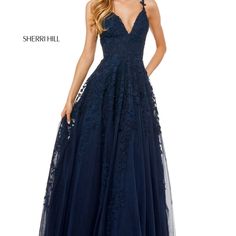 Black Lace Appliqued V-Neck Bodice With A Tulle Gown Never Been Worn Sherry Hill Dresses, Midnight Blue Prom Dresses, Sherry Hill, Junior Prom, Jr Prom, Sherri Hill Dresses, Tulle Gown, Sherri Hill, Prom Dresses Blue