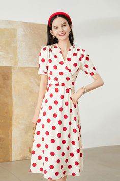 Vintage Polka Dot Suit Dress Fibflx Summer Office Lady Dresses, Polka Dot Spring Workwear Dresses, Polka Dot Short Sleeve Formal Dress, Polka Dot Dresses For Spring Workwear, Red Summer Office Dress, Formal Short Sleeve Polka Dot Dress, Polka Dot Work Dresses For Spring, Polka Dot Knee-length Workwear Dress, Knee-length Polka Dot Workwear Dress