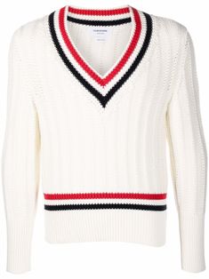 Ivory/red/blue cotton contrast-trim ribbed jumper from THOM BROWNE featuring chunky knit, contrasting trim, V-neck, long sleeves and ribbed edge. | Thom Browne Contrast-Trim Ribbed Jumper Contrasting Trim, Knitwear Men, Contrast Trim, Thom Browne, Chunky Knit, Crew Neck Sweater, Red Blue, Ideias Fashion, Red And Blue