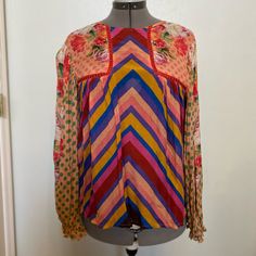 Nwt Size Small Bl-Nk Blouse. 100% Viscose Multicolor Long Sleeve Tops For Spring, Chic Multicolor Long Sleeve Blouse, Chic Long Sleeve Multicolor Print Blouse, Multicolor Long Sleeve Blouse With Vibrant Print, Spring Multicolor Print Long Sleeve Blouse, Spring Long-sleeve Multicolor Print Blouse, Multicolor Fall Tops For Brunch, Multicolor Tops For Fall Brunch, Fitted Multicolor Top For Brunch