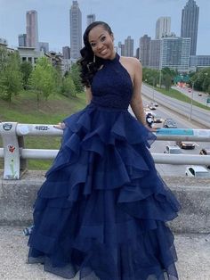 Royal Blue Ruffled Dress For Wedding, Fitted Blue Gown With Ruffles, Blue Ruffled Skirt Dress For Prom, Blue Ruffled Dress For Banquet, Elegant Blue Dress With Ruffled Skirt, Blue Sleeveless Dress With Ruffled Skirt, Blue Tiered Dress For Wedding, Navy Party Dress With Ruffles, Navy Ruffled Dress For Party