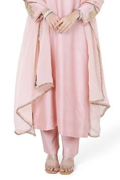 Pink kurta featuring bead floral embroidery in the front and sleeves. Paired with a pant and an embroidered dupatta. - Aza Fashions Elegant Sets With Mirror Work And Traditional Drape, Elegant Churidar With Chinon And Traditional Drape, Elegant Chinon Churidar With Traditional Drape, Elegant Embroidered Churidar With Traditional Drape, Elegant Embroidered Silk Churidar, Elegant Churidar With Dupatta For Reception, Resham Embroidered Churidar For Wedding, Elegant Embellished Palazzo Set, Elegant Raw Silk Churidar For Reception