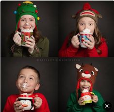 four different pictures of a child holding a cup and wearing christmas hats, drinking from a mug