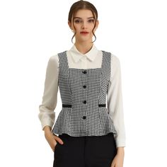 This elegant vest suit for women is embellished with a single button front and comes with a vintage houndstooth pattern. The comfortable and stretchy fabric makes it easy to pair with casual blouses or solid dresses to build an urban chic lady outfit. The peplum button-down vest tank coat features an elegant square neck, ruffled a-line hem, and faux decor pockets, and can be matched with the tops you favor to show your charming personality. The versatile and timeless design with details collocat Fitted Button Closure Office Vest, Fitted Vest With Button Closure For Office, Fitted Office Vest With Button Closure, Fitted Workwear Vest With Buttons, Fitted Buttoned Vest For Office, Fitted Vest With Buttons For Work, Fitted Button Vest For Office, Fitted Vest With Buttons For Business Casual, Fitted Business Casual Vest With Buttons