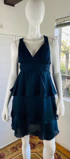 "Vintage VALENTINO, navy blue silk halter dress, L. Good condition.  Size: L  Bust: 30\"  Waist: 32\"  Hip: 33\"  Length: 37\"" Silk Halter Dress For Summer Night Out, Silk Halter Dress For Night Out In Summer, Summer Silk Halter Dress For Formal Occasions, Sleeveless Silk Halter Dress For Date Night, Summer Silk Halter Cocktail Dress, Silk Halter Dress For Date Night, Summer Satin Halter Evening Dress, Blue Satin Halter Dress For Summer, Silk Halter Dress For Summer Date Night