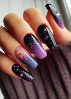 Paint your fingertips with wonder! This mesmerizing galaxy ombre lets you wear the universe on your nails. Cosmic Nail Designs, Galaxy Nail Designs, Universe Nails, Nails Galaxy, Galaxy Nail, Galaxy Nail Art, Unghie Sfumate, Thanksgiving Nail Art