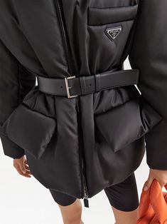 Prada Re-Nylon Belted Hooded Jacket - Farfetch Prada Jacket, Luxury Outerwear, Wardrobe Edit, Triangle Logo, Ski Wear, Jacket Women, Metallic Logo, Puffer Coat, Winter Wear