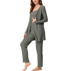 Made from soft stretch knit fabric, this pajama will keep you comfortable all night long. This pajama set is included a cami top, long pants and a long cardigan. It is great choice for your mother, wife, girlfriend, sister and daughter as a gift for Birthday Party, New Year, Valentine's Day, Christmas, Bridal Party, Honeymoon Vacation, etc Great choice for Casual Daily, Nightwear, Sleepwear, Boudoir, Holiday and Lounge Wear set. Soft Texture Cardigan For Loungewear, Cozy Solid Color Cardigan For Loungewear, Cozy Fitted Loungewear Sets, Winter Stretch Sleepwear For Loungewear, Comfy Stretch Sleepwear For Loungewear, Comfortable Lounge Sets For Fall, Comfy Stretch Solid Color Sleepwear, Comfortable Sets For Lounging In Fall, Comfortable Lounging Sets For Fall