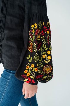 Black Linen Shirt, Floral Embroidered Ukrainian Blouse, Linen Peasant Top, Modern Vyshyvanka Blouse - Etsy Ukrainian Blouse, Black Linen Shirt, Ukrainian Embroidery, Abaya Designs, Sewing Embroidery, Folk Fashion, Hand Embroidery Art, Shirt Embroidery, Peasant Top