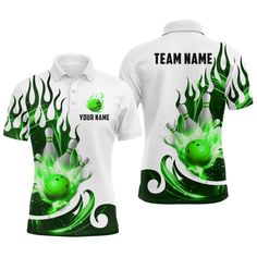 a white shirt with green flames and bowling ball on it, that says team name