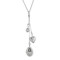 A trio of vintage-inspired charms is held by a lobster clasp on a silver-toned chain allowing you to create a custom look. The charms include a large oval-shaped locket accented with a costume pearl, a heart-shaped locket, and a small oval-shaped locket accented with clear crystal. Dainty and stylish and perfect for everyday wear. A trio of vintage-inspired charms is held by a lobster clasp on a silver-toned chain allowing you to create a custom look. The charms include a large oval-shaped locke Heart Locket Necklace Silver, 1928 Jewelry, Heart Locket Necklace, Vintage Inspired Jewelry, Cameo Jewelry, Necklace Online, Heart Locket, Jewelry Companies, Locket Necklace