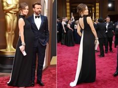 two pictures of a man and woman in formal wear at an oscars red carpet