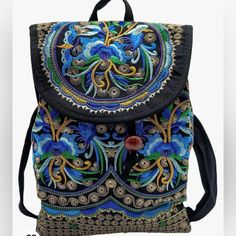 Women’s Vintage Boho Style Embroidered , Backpack, Travel, Handbag, Or Shoulder Bag, Black With Blue Flowers That Are Embroidered With Back Zip Pocket And Inside Zipper Pocket With Drawstring New Without Tags #4167 Black Embroidered Shoulder Bag For School, Embroidered Shoulder Backpack For Daily Use, Embroidered Backpack For Daily Use, Multicolor Embroidery Bags With Adjustable Strap For Daily Use, Blue Embroidered Satchel Bag, Embroidered Shoulder Bag For School, Embroidered Shoulder Backpack, Travel Crossbody Bag With Multicolor Embroidery, Multicolor Embroidered Crossbody Travel Bag