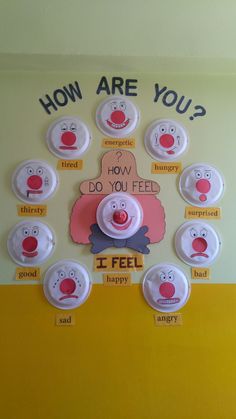 a bulletin board with buttons that say how are you?