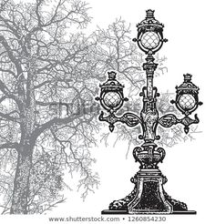 an old fashioned lamp post in front of a tree with no leaves on it, vintage line drawing or engraving style