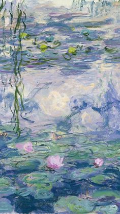 an abstract painting of water lilies and reeds