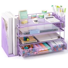 a purple desk organizer with lots of items on it