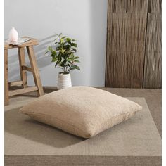 a plant in a white vase sitting on top of a beige rug next to a wooden door