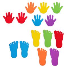 several different colored hand prints on a white background