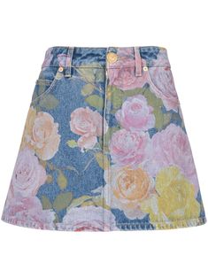 blue/multicolour cotton denim concealed fly and button fastening belt loops classic five pockets thigh-length straight hem Haute Couture, Couture, Denim Miniskirt, Pastel Roses, Print Denim, Couture Outfits, Denim Skirt Women, Printed Denim, Denim Mini