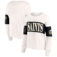 Show off your New Orleans Saints pride with this stylish Fanatics Antique Block Long Sleeve T-Shirt. Sewn-in, contrast-color panels across the torso and sleeves create a dynamic look, while the throwback team graphic printed on the sleeves adds a retro touch. This vintage-inspired tee is a must-have for any die-hard Saints fan looking to rep their team with classic style. New Orleans Saints, Die Hard, Womens Clothing Tops, New Orleans, Contrasting Colors, Long Sleeve T Shirt, Classic Style, Vintage Inspired, Long Sleeve Tshirt