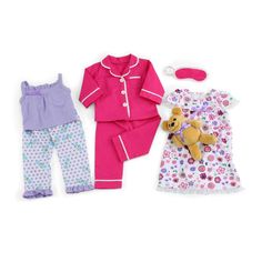 PRICES MAY VARY. FITS DOLL SIZE: Emily Rose Doll Clothes - PJs Pajamas are compatible with most 18 Inch dolls like: American Girl, Journey Girls, Our Generation, Madame Alexander, My Life As, etc. FEATURE DESCRIPTION: Awesome 18" doll PJ value set, includes ultra-comfy 3 piece pink classic pajamas, a lovely floral lace nightgown, and a fun dragonfly print 2 piece sleeping outfit. Pajamas for all seasons, winter, spring, summer and fall, and includes a cute and cuddly teddy bear for your doll to Doll Pajamas, Cuddly Teddy Bear, Seasons Winter, Classic Pajamas, Purple Bow, Emily Rose, Journey Girls, Doll Wardrobe, Cozy Pajamas