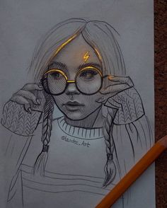 a pencil drawing of a girl with glasses