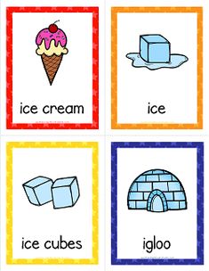 four different pictures with ice cream, ice cubes and an iglo on them