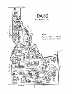 the idaho state map is shown in this black and white drawing, which features many different locations