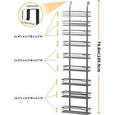 an image of a tall metal rack with various parts labeled in the text below it