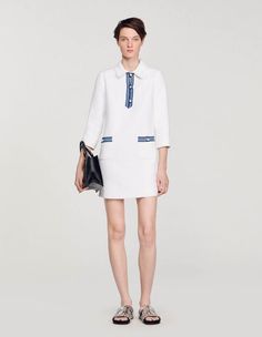 Paige, white, | sandro-paris.com Chic Collared Polo Dress For Spring, Classic Polo Dress With Collared Neckline For Workwear, Casual Mini Tweed Dress For Work, Classic Collared Polo Dress For Work, Casual Tweed Dress With Button Closure For Work, Casual Spring Tweed Dress With Button Closure, Casual Tweed Dress With Button Closure For Spring, Mini Length Tweed Dress With Button Closure For Work, Preppy Mini Dress For Work