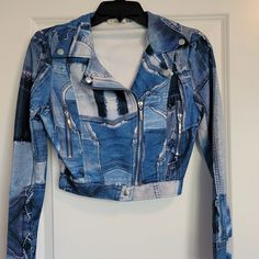 Fashion Nova Denim Patchwork Print Jacket - New Without Tags. Never Worn. Denim Long Sleeve Biker Jacket For Winter, Denim Biker Jacket With Long Sleeves For Winter, Winter Denim Biker Jacket With Long Sleeves, Winter Long Sleeve Denim Biker Jacket, Fitted Denim Biker Jacket With Long Sleeves, Fitted Long Sleeve Denim Biker Jacket, Fall Denim Long Sleeve Biker Jacket, Fall Denim Biker Jacket With Long Sleeves, Denim Long Sleeve Biker Jacket For Fall