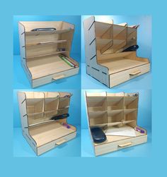 four different views of the inside of a wooden box with drawers and one drawer open