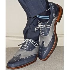 Fitted Blue Oxfords With Brogue Detailing, Fitted Blue Leather Shoes With Goodyear Welt, Blue Fitted Leather Shoes With Goodyear Welted, Fitted Blue Leather Shoes For Semi-formal Occasions, Semi-formal Blue Leather Shoes, Blue Fitted Dress Shoes For Semi-formal Occasions, Blue Wingtip Dress Shoes For Office, Blue Leather Shoes With Brogue Detailing For Semi-formal Occasions, Semi-formal Blue Brogue Leather Shoes