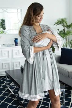 Grace Maternity & Nursing Nightgown, Robe, and Blanket Set - Milk & Baby Nursing Robe, Nursing Nightgown, Nightgown Robe, At The Hospital, Baby Wrap, Maternity Nursing, The Hospital, Nursing, Lace Trim