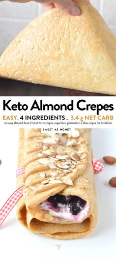 the cover of keto almond crepes with blueberries and almonds on it