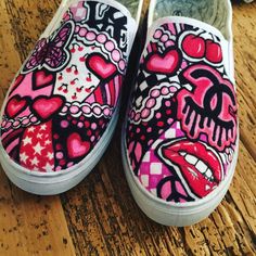 These make the best gift for someone you love and can be customized with any design or color scheme! Done on authentic Vans Van Painting Ideas Shoes, Vans Writing On Shoes, Custom Sneakers Vans, Custom Painted Slip On Vans, Hand Painted Vans Custom, Artistic Hand Painted Slip-on Custom Sneakers, Disney Painted Shoes, Custom Vans Shoes, Shoe Painting