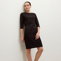 The Etsuko Dress - Black | M.M.LaFleur Elegant Half Sleeve Mini Dress For Formal Occasions, Elegant Formal Mini Dress With Half Sleeves, Formal Elegant Half Sleeve Mini Dress, Elegant Formal Half Sleeve Mini Dress, Knee-length Elastane Midi Dress For The Office, Fitted Long Sleeve Midi Dress For Work, Office Dresses With 3/4 Sleeves, Fitted Half Sleeve Office Dress, Knee-length Elastane Dress For Fall