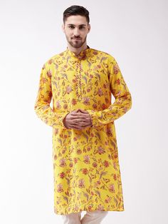 mens floral printed multicolor base yellow muslin blend kurta Long Sleeve Yellow Kurta For Summer, Yellow Long Sleeve Summer Kurta, Spring Yellow Cotton Kurta, Festive Yellow Cotton Kurta, Yellow Long Sleeve Cotton Kurta, Yellow Long Sleeve Kurta For Spring, Traditional Spring Yellow Kurta, Casual Long Sleeve Yellow Kurta, Casual Yellow Long Sleeve Kurta