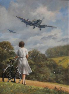 a painting of a woman standing next to a bike and an airplane in the sky