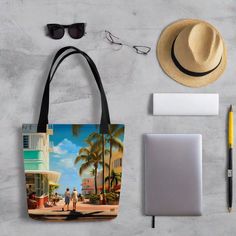 Stay stylish and organized on the go with our spacious tote bag, now with FREE SHIPPING to the US, Canada, EU, and UK! The artwork Experience the magic of Miami Beach in this stunning artwork that showcases the art deco style and the vibrant culture of the city. From the palm trees to the classic cars, this piece transports you to a sunny paradise where anything is possible. The tote bag This tote bag is both trendy and practical and is perfect for carrying all your essentials with style and com Stile Art, Tout Est Possible, Stylish Tote Bag, Estilo Art Deco, Art Deco Stil, Retro Art, Style Art, Miami Beach, Art Deco Fashion