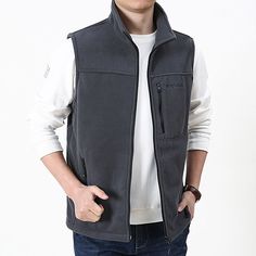 Men's Vest Warm Outdoor Going Out Zipper Standing Collar Streetwear Stylish Casual Jacket Outerwear Letter Zipper Zipper Pocket Black Grey Casual Fleece Jacket With Stand Collar And Pockets, Outdoor Stand Collar Outerwear With Zipper Closure, Outdoor Stand Collar Outerwear With Zipper, Outdoor Activities Outerwear With Stand Collar And Zipper, Gray Winter Outerwear With Zip Fly, Solid Fleece Jacket With Zipper For Outdoor, Casual Fleece Outerwear With Zipper Closure, Fall Fleece Jacket With Zipper For Outdoor Activities, Casual Outerwear With Zipper Pocket For Outdoor Activities