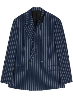 blue/white cotton blend vertical stripe pattern peak lapels double-breasted button fastening long sleeves two side flap pockets straight hem Pinstripe Double-breasted Blazer With Notch Lapel, Pinstripe Notch Lapel Blazer With Double-breasted Button, Pinstripe Blazer With Notch Lapel And Double-breasted Buttons, Tailored Striped Suit With Double-breasted Fastening, Classic Pinstripe Double-breasted Blazer, Classic Pinstripe Blazer With Double-breasted Button, Pinstripe Double Breasted Suit With Long Sleeves, Double-breasted Pinstripe Blazer For Work, Striped Notch Lapel Blazer With Double Button Closure