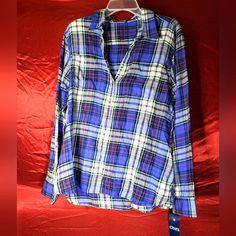 Chaps Nwt Plaid Shirt. Size Is Xl But Could Probably Fit A L Or Even A Medium If You Like Really Like Loose Tops. Beautiful Colors Blue, Purple, Black, White. Casual Purple Blouse Relaxed Fit, Trendy Purple Cotton Blouse, Loose Tops, White Plaid, Purple Black, Plaid Shirt, Purple And Black, Blue Purple, Beautiful Colors