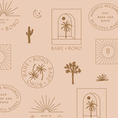 various stamps with palm trees and sunbursts in the background on a light pink background